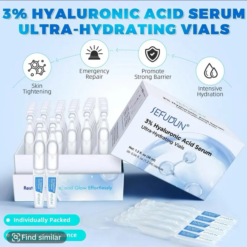 30PCS Hyaluronic Acid Tubes, 3% Hyaluronic Acid Serum Ultra-Hydrating Vials Quenching Nourishing Skin Treatment , 4D Formula with Ceramide