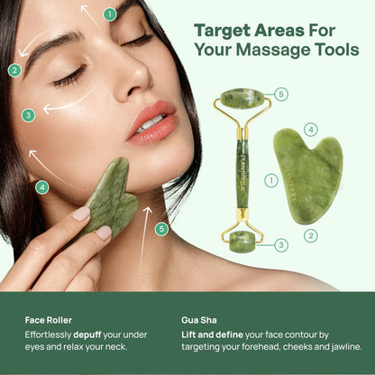 [PLANTIFIQUE Official Shop] Jade Roller and Gua Sha Facial Set – Face Roller & Gua Sha Tool for Jawline Sculpting, Puffiness & Lymphatic Drainage – Real Jade Skincare Tools