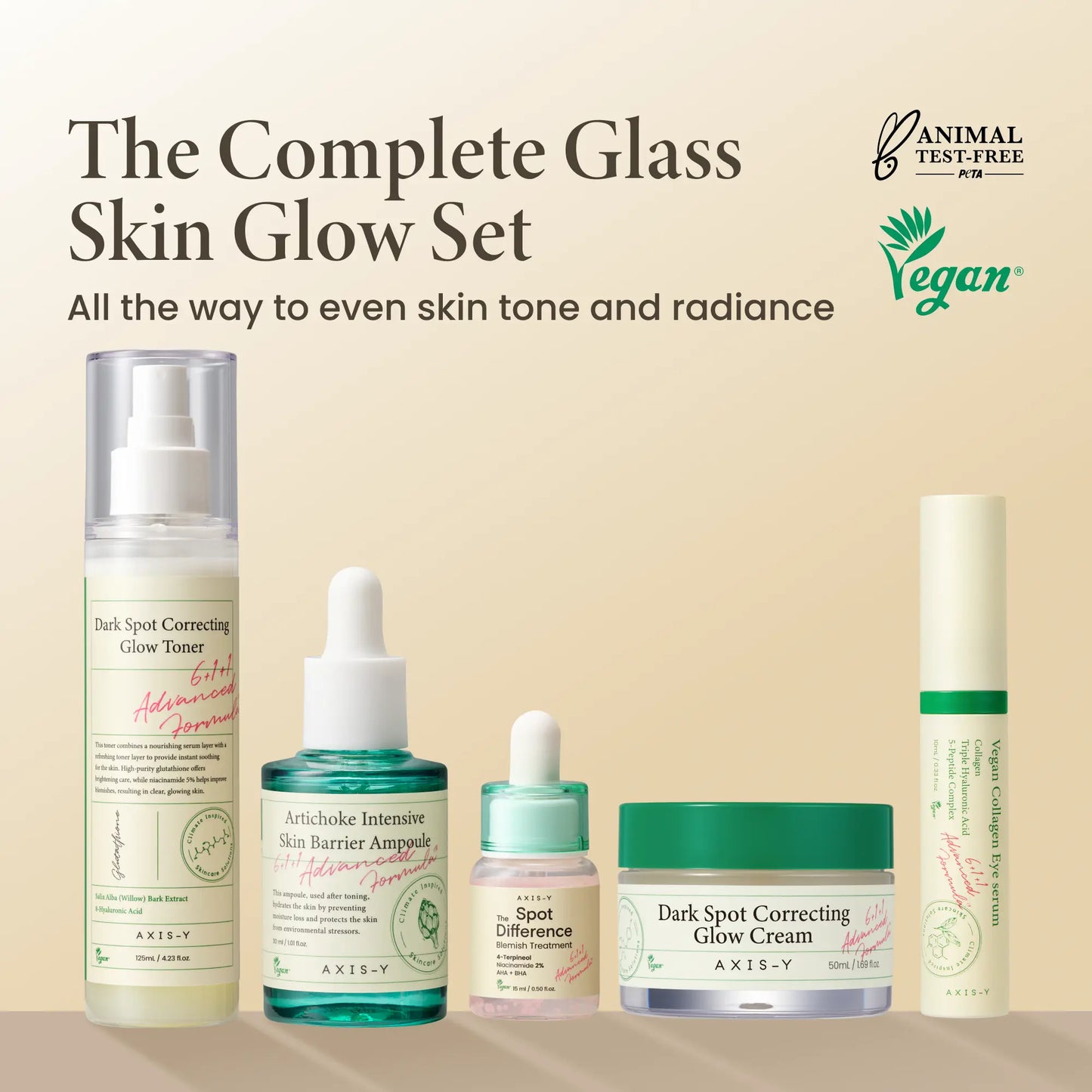 AXIS-Y the Complete Glass Skin Glow Set - Artichoke Intensive Skin Barrier Ampoule + Spot the Difference Blemish Spot Treatment + Vegan Collagen Eye Serum + Dark Spot Correcting Toner & Cream Vegan Korean Skin Care Bundle