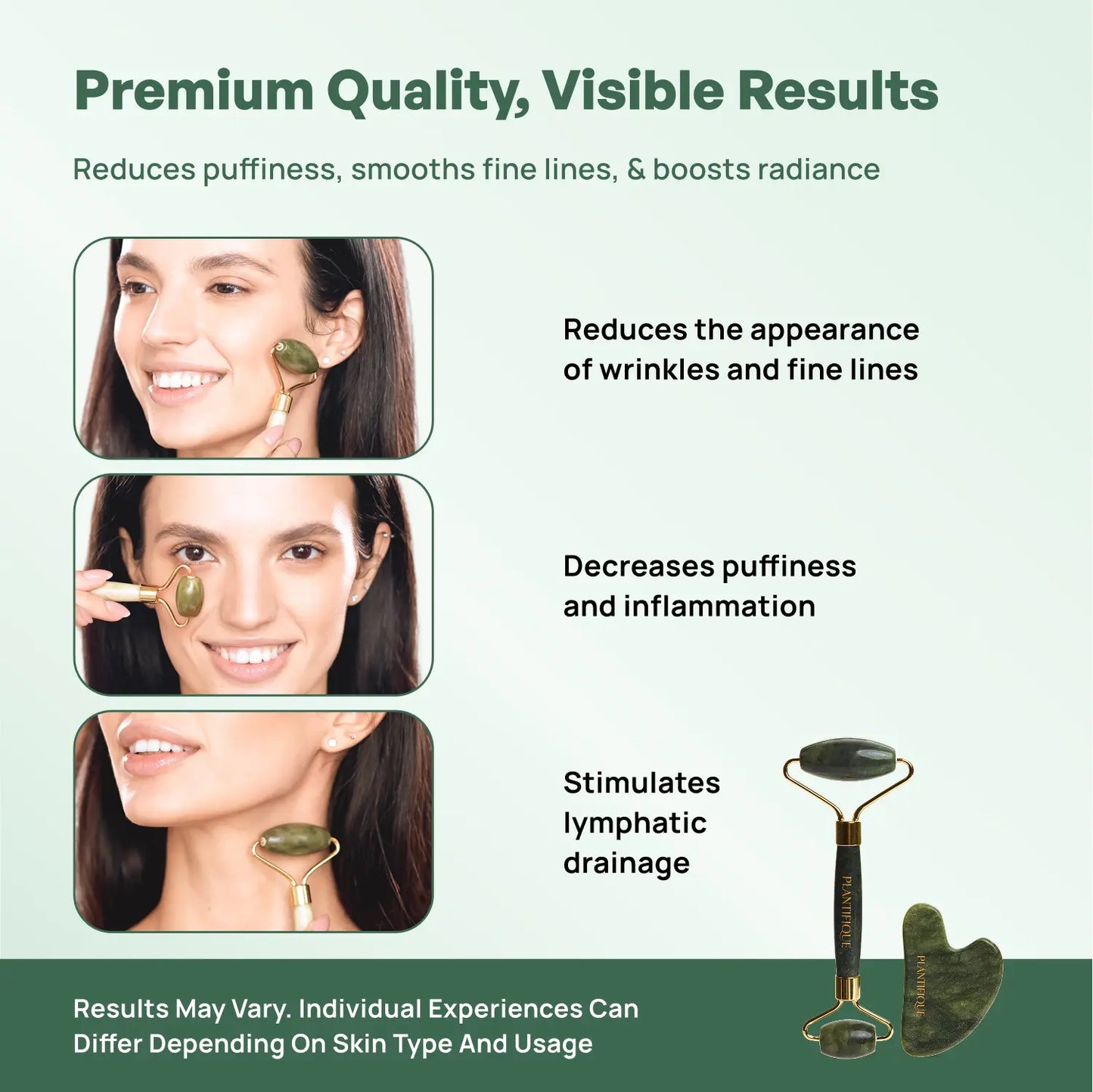 [PLANTIFIQUE Official Shop] Jade Roller and Gua Sha Facial Set – Face Roller & Gua Sha Tool for Jawline Sculpting, Puffiness & Lymphatic Drainage – Real Jade Skincare Tools