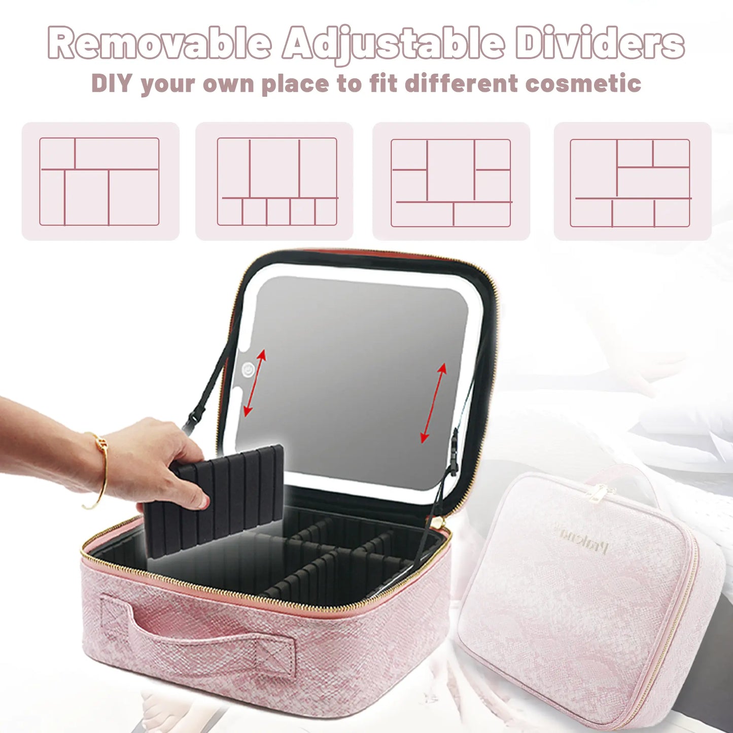 Pralena Travel Makeup Bag with LED Mirror, Cosmetic Train Case with Light up Mirror, Portable Makeup Artist Organizer Bag with Adjustable Dividers, Makeup Brush Holder Storage