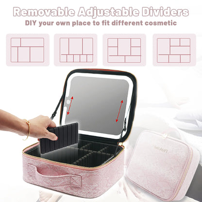 Pralena Travel Makeup Bag with LED Mirror, Cosmetic Train Case with Light up Mirror, Portable Makeup Artist Organizer Bag with Adjustable Dividers, Makeup Brush Holder Storage