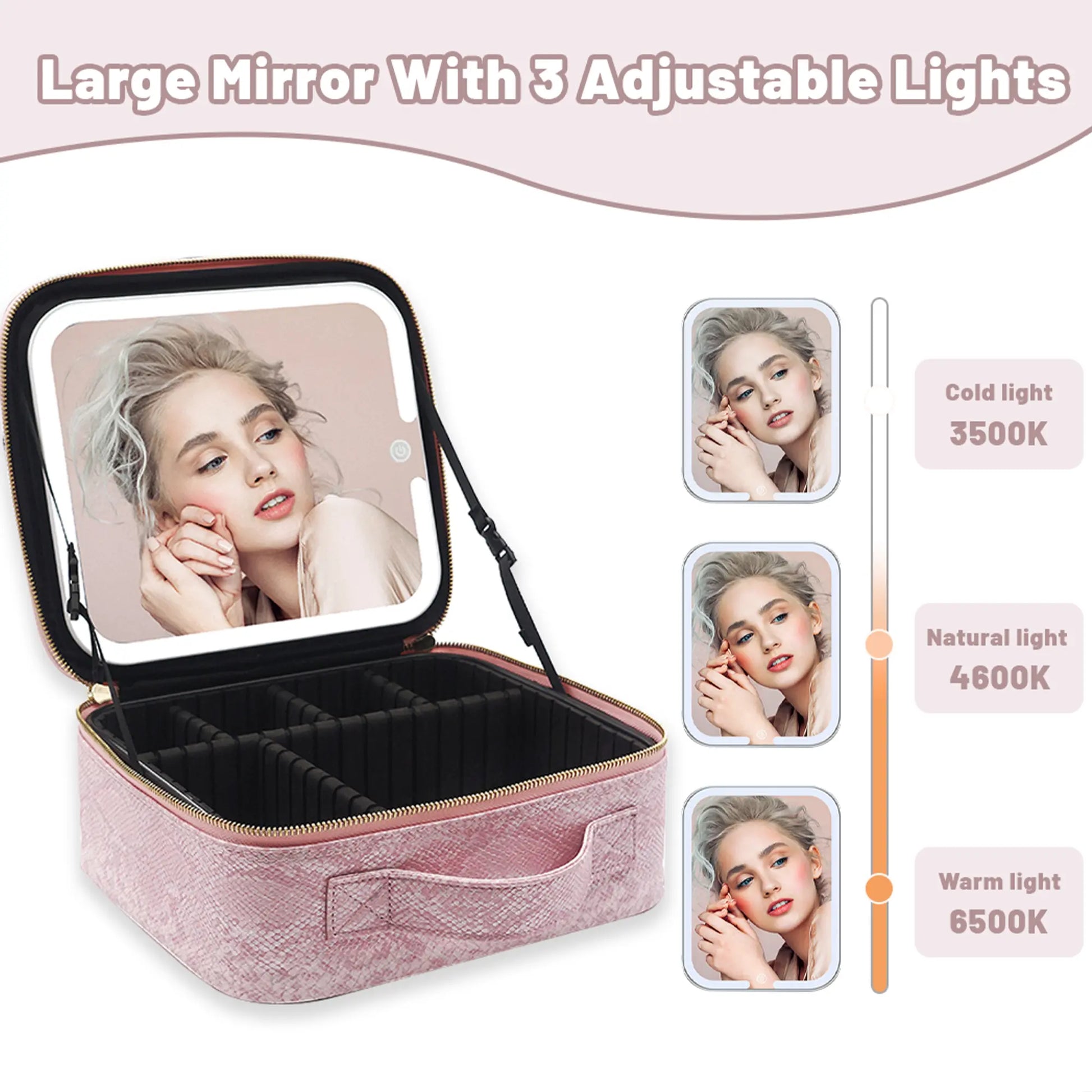 Pralena Travel Makeup Bag with LED Mirror, Cosmetic Train Case with Light up Mirror, Portable Makeup Artist Organizer Bag with Adjustable Dividers, Makeup Brush Holder Storage
