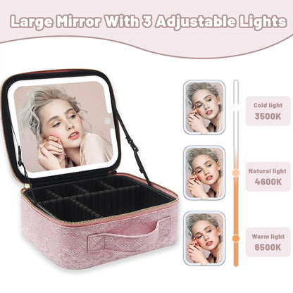 Pralena Travel Makeup Bag with LED Mirror, Cosmetic Train Case with Light up Mirror, Portable Makeup Artist Organizer Bag with Adjustable Dividers, Makeup Brush Holder Storage
