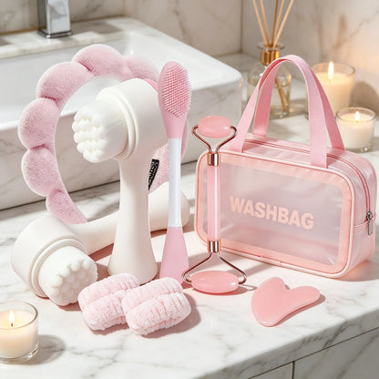 Professional 8Pcs Beauty Tool Kit with Gua Sha Roller Headband Face Brush Daily Skincare and Facial Massage Set