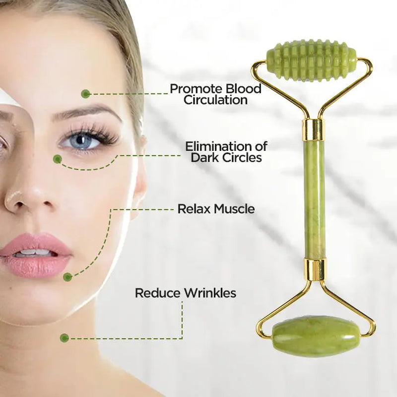 3-Piece Natural Jade Roller & Gua Sha Set – Facial Massager for De-Puffing, Sculpting & Glowing Skin