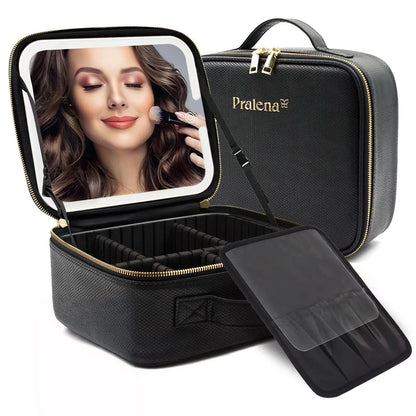 Pralena Travel Makeup Bag with LED Mirror, Cosmetic Train Case with Light up Mirror, Portable Makeup Artist Organizer Bag with Adjustable Dividers, Makeup Brush Holder Storage