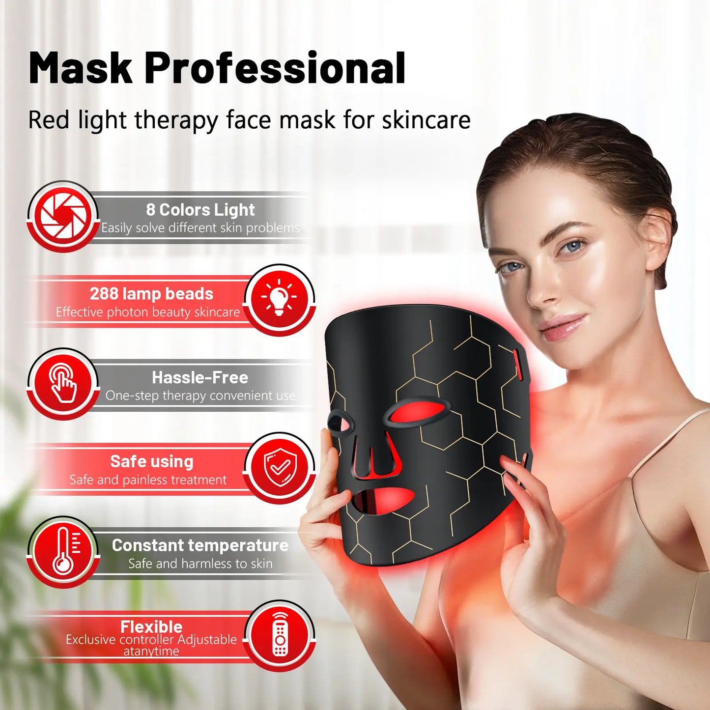 Red Light Therapy Mask for Face 8 Modes LED Face Mask Light Therapy with 288 Leds 630Nm & 850Nm Infrared Light Therapy Mask at Home Portable with Timer & 2600Mah Remote Control for Anti-Aging