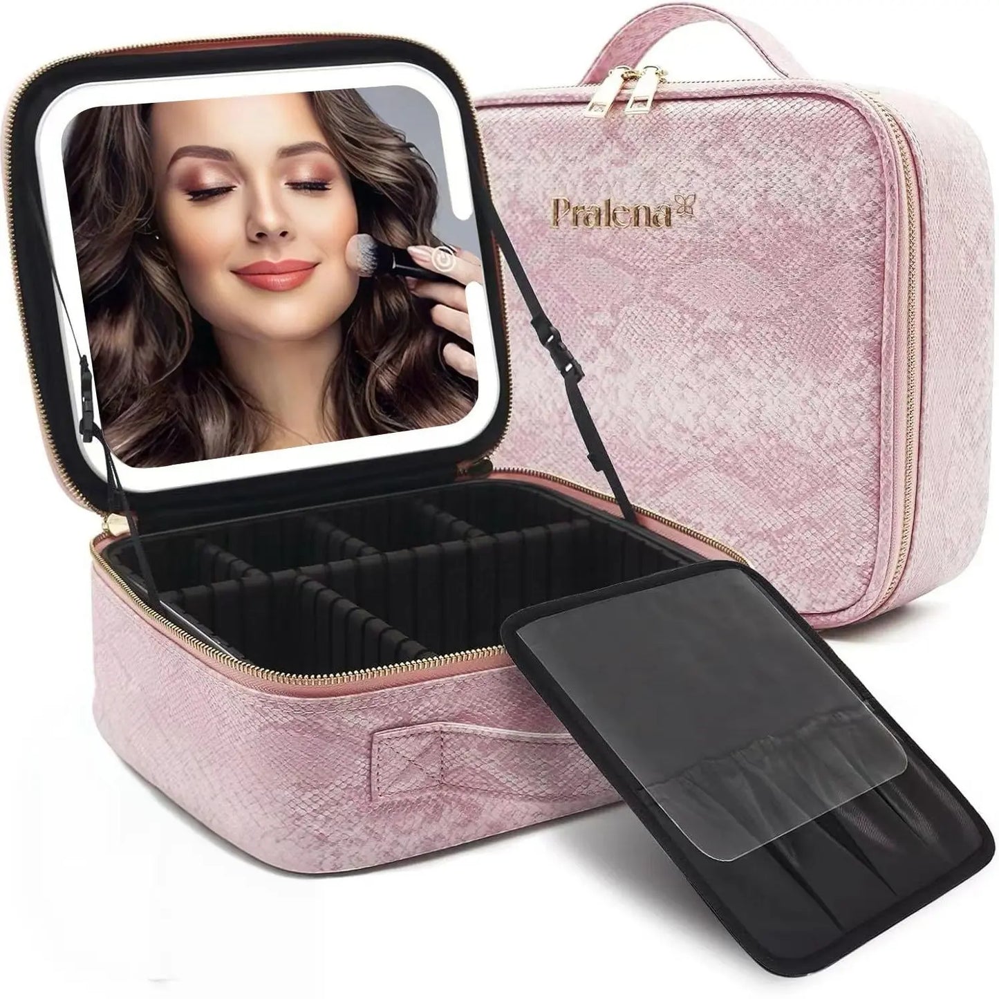 Pralena Travel Makeup Bag with LED Mirror, Cosmetic Train Case with Light up Mirror, Portable Makeup Artist Organizer Bag with Adjustable Dividers, Makeup Brush Holder Storage