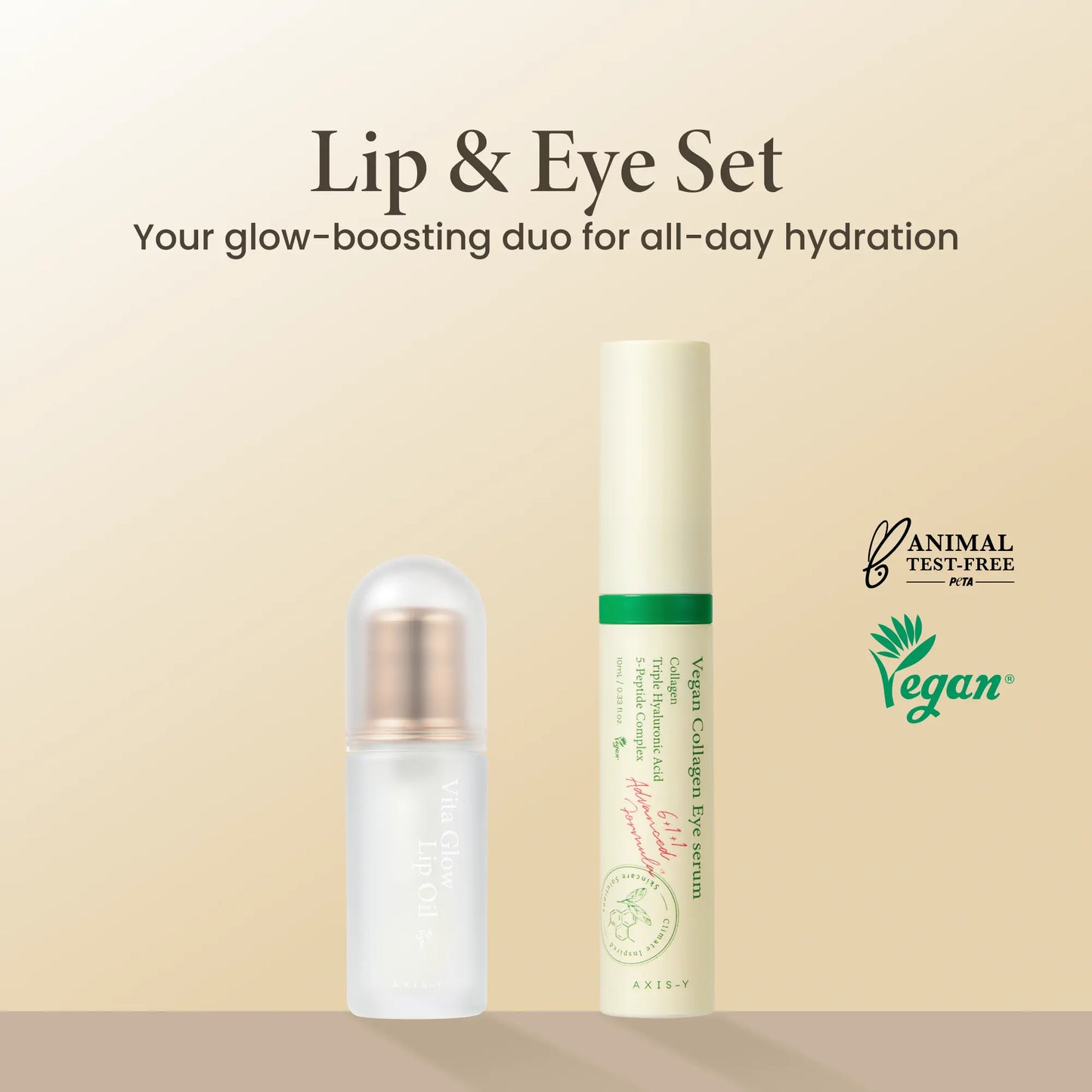 AXIS-Y Lip & Eye Set - Vegan Collagen Eye Serum + Vita Glow Lip Oil Dreamy Olive for Daily Korean Skin Care Routine for Eyes & Lips