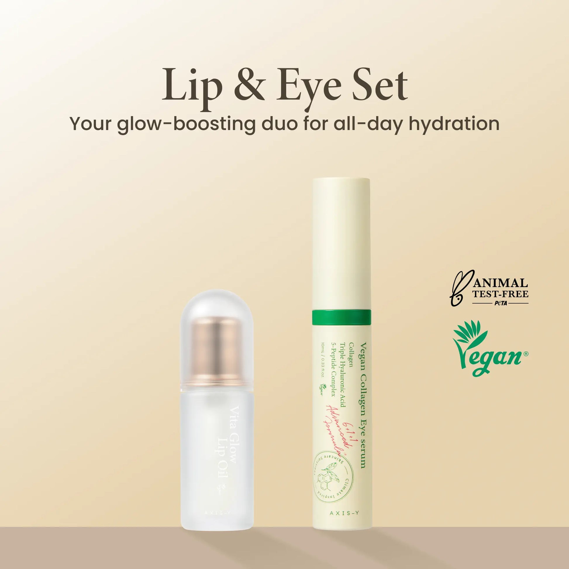 AXIS-Y Lip & Eye Set - Vegan Collagen Eye Serum + Vita Glow Lip Oil Dreamy Olive for Daily Korean Skin Care Routine for Eyes & Lips