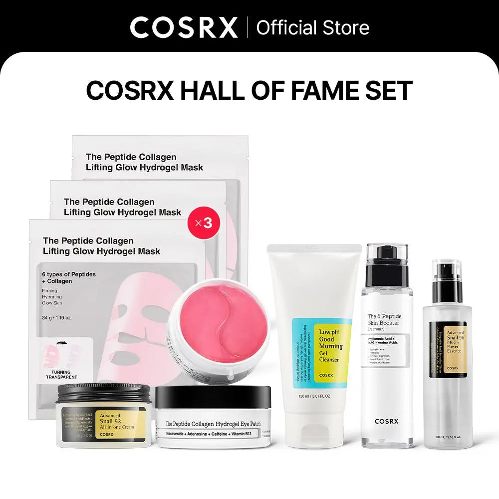 [COSRX Official] COSRX Hall of Fame Set | Low Ph Cleanser + Peptide Collagen Eye Patch + 6 Peptide Skin Booster Serum + Snail Mucin Essence & Cream + Peptide Lifting Hydrogel Mask (3Ea)
