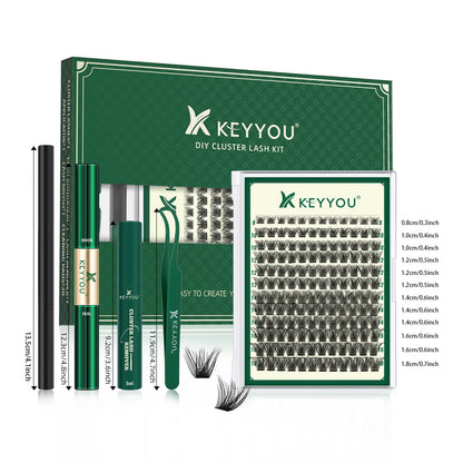 DIY Lash Extension Kit KEYYOU 144Pcs Lash Clusters Eyelash Extension Kit with Mascara Brush Bond and Seal Lash Glue Remover Lash Applicators Lash Brush DIY Cluster Lashes for DIY Lash Extensions (Y03 Kit)
