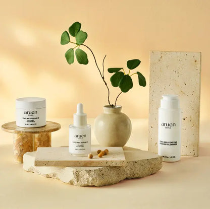 [Aruen Official] Fermented Tofu Collagen Trio - Cleanser + Serum + Cream - 24Hr Fermented Soy Milk with Collagen, Niacinamide & Hyaluronic Acid - Korean Firming & Hydrating Skincare Set for Radiant Skin White Botanical Gels