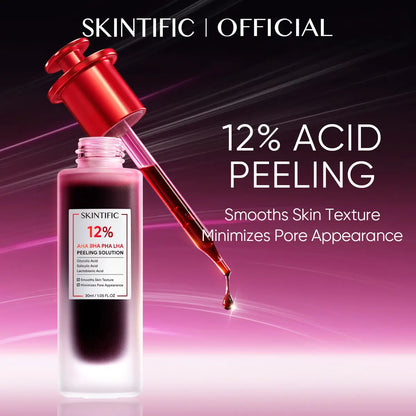 [SKINTIFIC] 12% AHA BHA PHA LHA Peeling Solution, Glycolic Acid Acne Treatment for Face, Exfoliating Peeling Serum for Dull, Rough, Oily Skin with Clogged Pores & Dead Cells