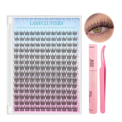 Eyelash Kit 9-12Mm 168PCS Wispy Natural Cluster Eyelash DIY Lash Extension Kit with Lash Bond and Seal, Lash Tweezers, DIY Eyelash Extension Kit for Beginners