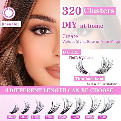 Eyelash Extension Kit 320Pcs, Eyelash Tufts Eyelash Extension Kit - D Curl 9-16Mm Mix 40D Single Eyelash Kit, DIY Personal Eyelash Cluster Kit, Eyelash Gluing & Sealing, Eyelash Extensions, Eyelash Applicator Tool for Home False Eyelash Cluster Kit