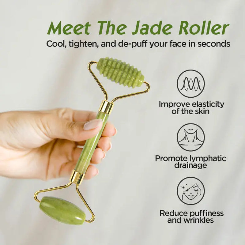 3-Piece Natural Jade Roller & Gua Sha Set – Facial Massager for De-Puffing, Sculpting & Glowing Skin