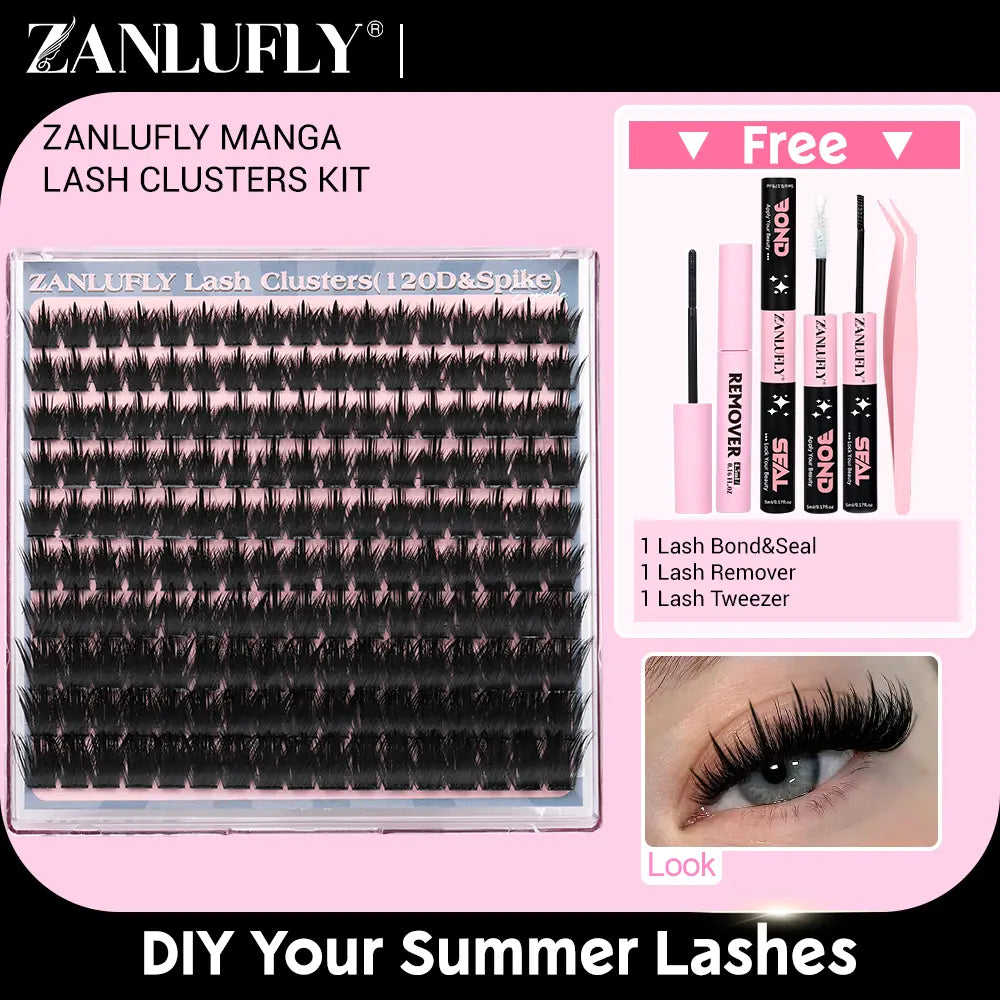 Volume Anime Lash Clusters Kit Zanlufly 120D Full Lashes Wet Wispy Look Cluster Lashes Pre-Made Spike Lash Extension Kit Lash Twezzer Lash Bond and Seal Lash Remover Tiktokshopblackfriday