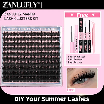 Volume Anime Lash Clusters Kit Zanlufly 120D Full Lashes Wet Wispy Look Cluster Lashes Pre-Made Spike Lash Extension Kit Lash Twezzer Lash Bond and Seal Lash Remover Tiktokshopblackfriday
