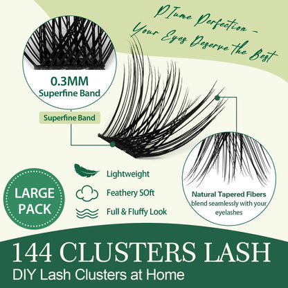 DIY Lash Extension Kit KEYYOU 144Pcs Lash Clusters Eyelash Extension Kit with Mascara Brush Bond and Seal Lash Glue Remover Lash Applicators Lash Brush DIY Cluster Lashes for DIY Lash Extensions (Y03 Kit)