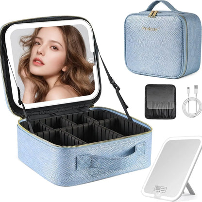 Pralena Travel Makeup Bag with LED Mirror, Cosmetic Train Case with Light up Mirror, Portable Makeup Artist Organizer Bag with Adjustable Dividers, Makeup Brush Holder Storage