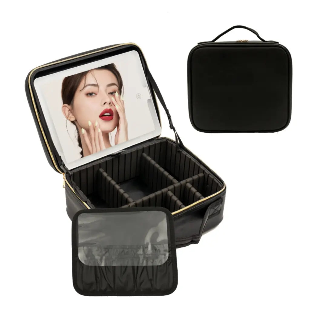 Pralena Travel Makeup Bag with LED Mirror, Cosmetic Train Case with Light up Mirror, Portable Makeup Artist Organizer Bag with Adjustable Dividers, Makeup Brush Holder Storage