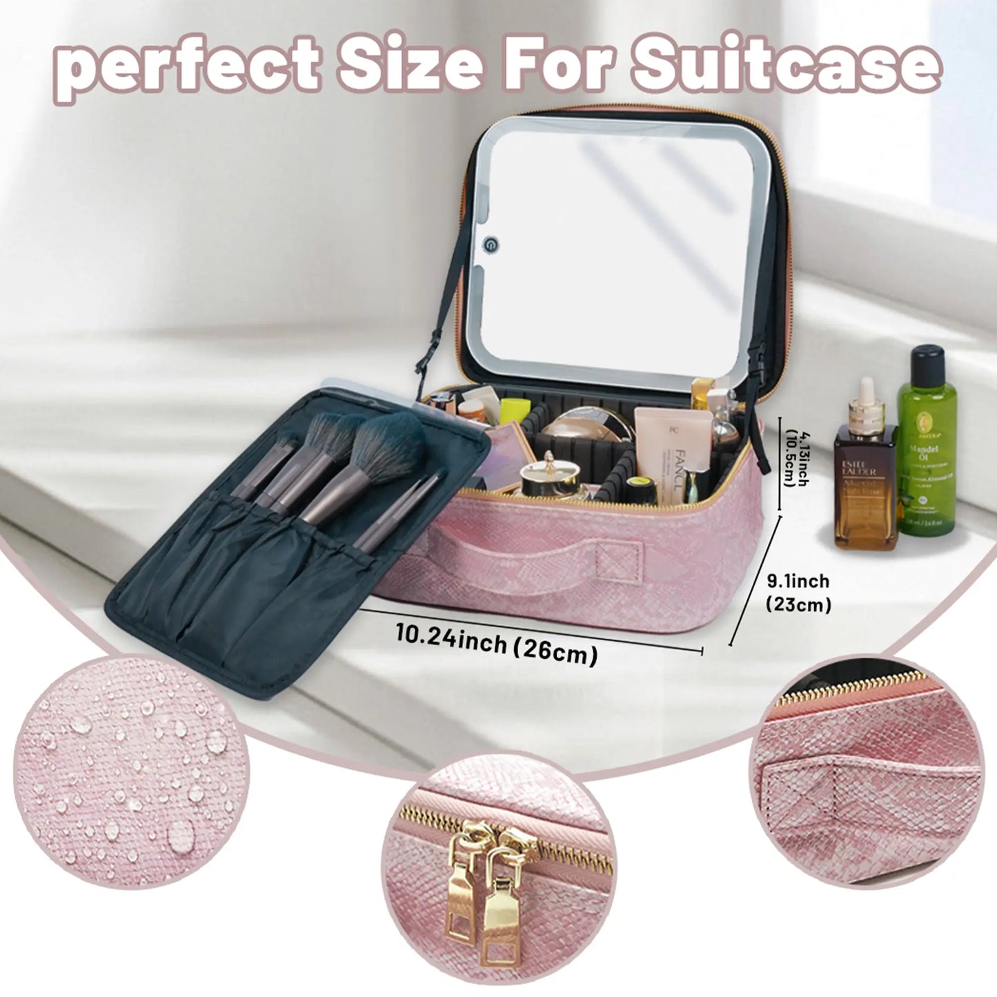 Pralena Travel Makeup Bag with LED Mirror, Cosmetic Train Case with Light up Mirror, Portable Makeup Artist Organizer Bag with Adjustable Dividers, Makeup Brush Holder Storage