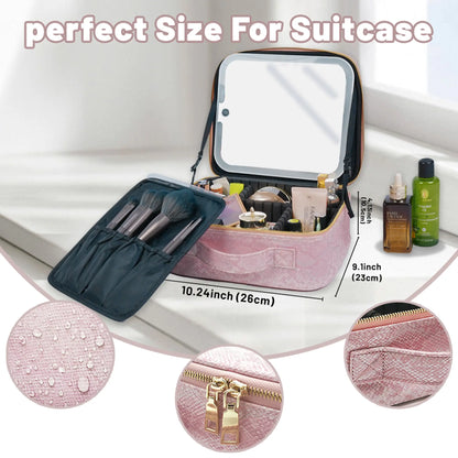 Pralena Travel Makeup Bag with LED Mirror, Cosmetic Train Case with Light up Mirror, Portable Makeup Artist Organizer Bag with Adjustable Dividers, Makeup Brush Holder Storage