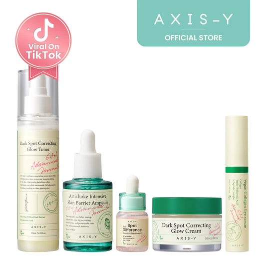 AXIS-Y the Complete Glass Skin Glow Set - Artichoke Intensive Skin Barrier Ampoule + Spot the Difference Blemish Spot Treatment + Vegan Collagen Eye Serum + Dark Spot Correcting Toner & Cream Vegan Korean Skin Care Bundle