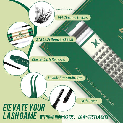DIY Lash Extension Kit KEYYOU 144Pcs Lash Clusters Eyelash Extension Kit with Mascara Brush Bond and Seal Lash Glue Remover Lash Applicators Lash Brush DIY Cluster Lashes for DIY Lash Extensions (Y03 Kit)