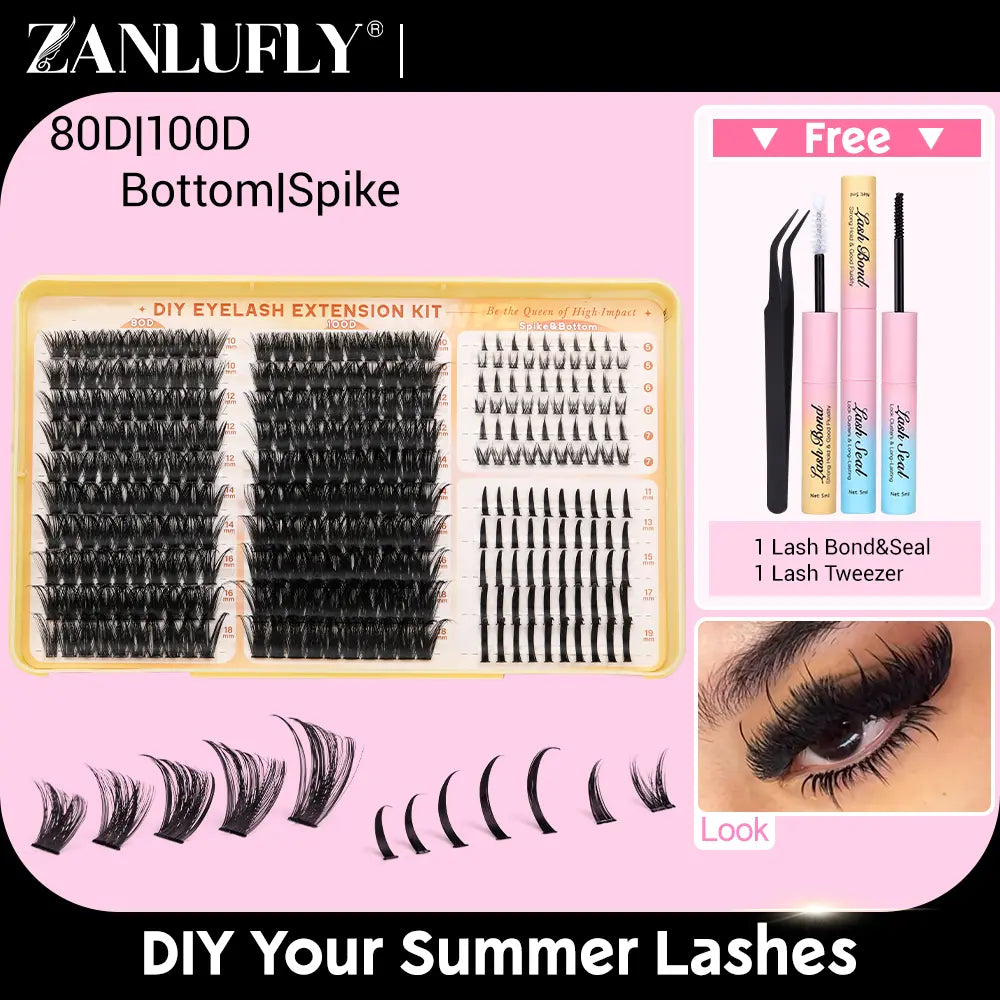 Volume Anime Lash Clusters Kit Zanlufly 120D Full Lashes Wet Wispy Look Cluster Lashes Pre-Made Spike Lash Extension Kit Lash Twezzer Lash Bond and Seal Lash Remover Tiktokshopblackfriday