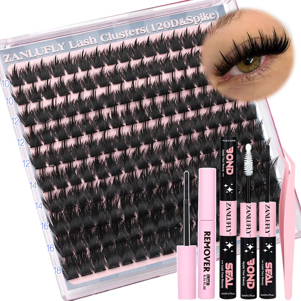 Volume Anime Lash Clusters Kit Zanlufly 120D Full Lashes Wet Wispy Look Cluster Lashes Pre-Made Spike Lash Extension Kit Lash Twezzer Lash Bond and Seal Lash Remover Tiktokshopblackfriday