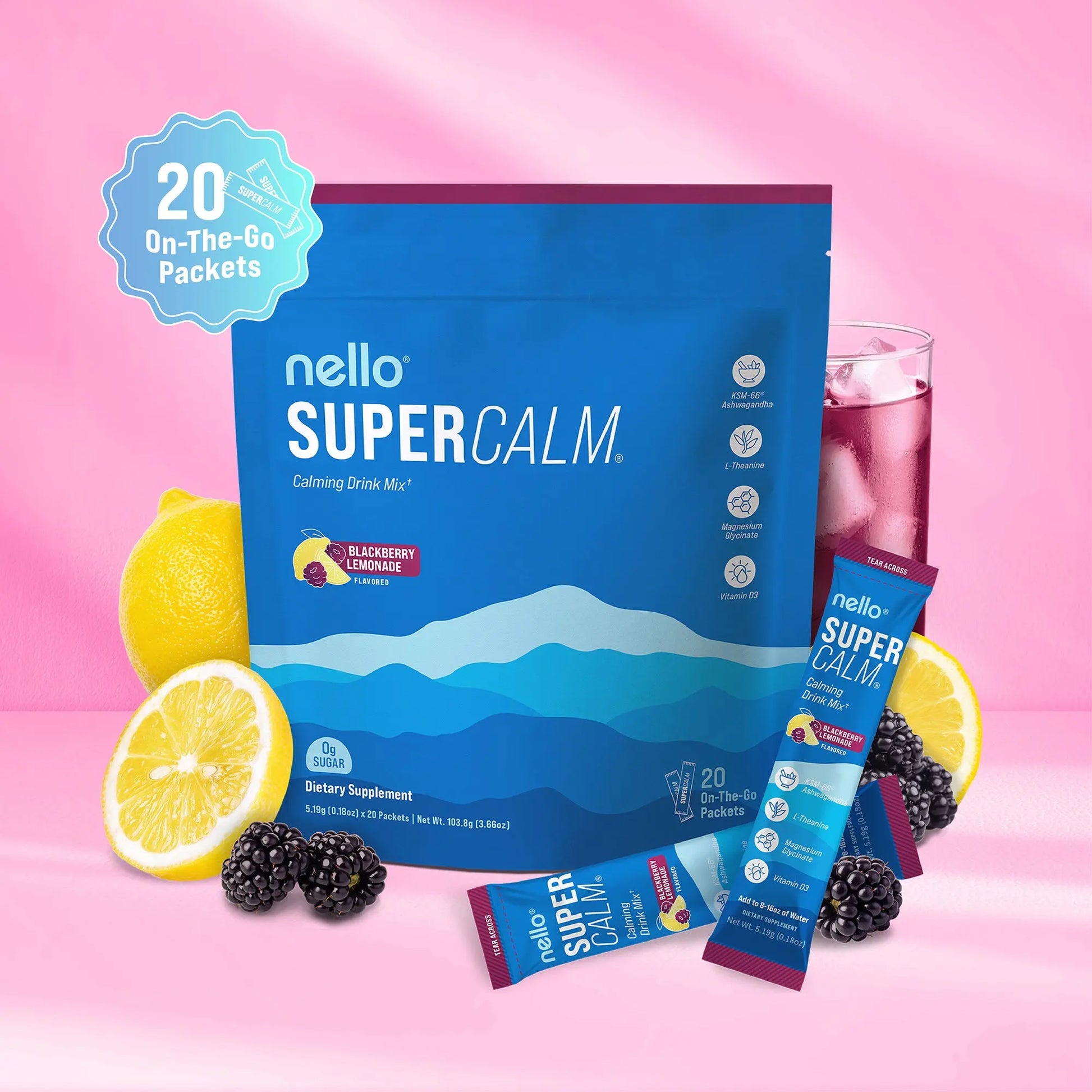 Nello Supercalm Calming Drink Mix with KSM-66 Ashwagandha Vitamin D3 Magnesium & L-Theanine Supports Cortisol Balance Mood Sleep 20 Servings Travel Packets Dietary Supplement