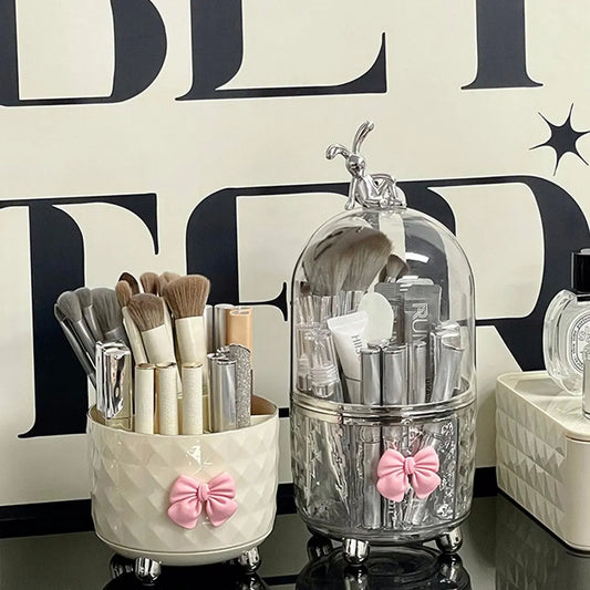 Rotatable Bow Decor Makeup Brush Storage Box, Clear Dustproof Makeup Brush Holder with Lid, Cosmetic Brush Organizer, Makeup Tool Organizer for Home, Cosmetics Organizer Storage