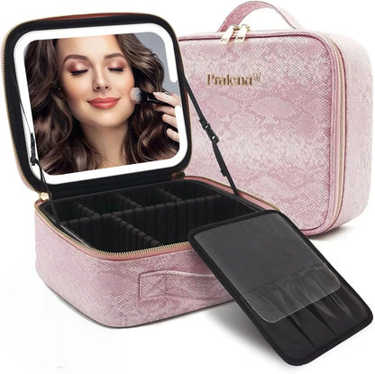 Pralena Travel Makeup Bag with LED Mirror, Cosmetic Train Case with Light up Mirror, Portable Makeup Artist Organizer Bag with Adjustable Dividers, Makeup Brush Holder Storage