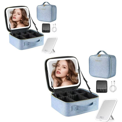 Pralena Travel Makeup Bag with LED Mirror, Cosmetic Train Case with Light up Mirror, Portable Makeup Artist Organizer Bag with Adjustable Dividers, Makeup Brush Holder Storage