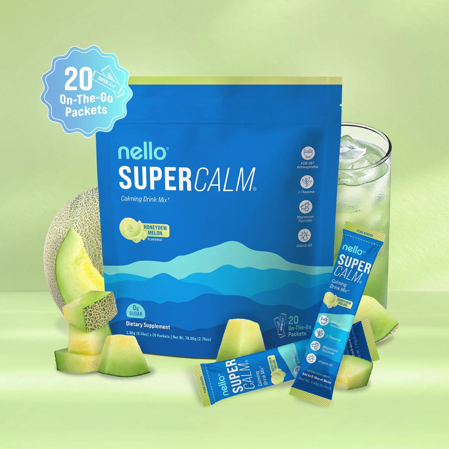 Nello Supercalm Calming Drink Mix with KSM-66 Ashwagandha Vitamin D3 Magnesium & L-Theanine Supports Cortisol Balance Mood Sleep 20 Servings Travel Packets Dietary Supplement