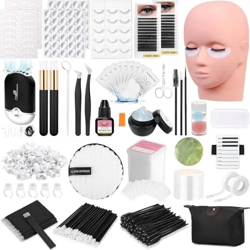 Lashes Kit for Eyelash Extension Beginner Lash Tech Starter Kit with Eye Lash Mannequin , Professional Eyelash Extension Kit with Lash Fan, Extension Glue and Eyelash Remover for Practice