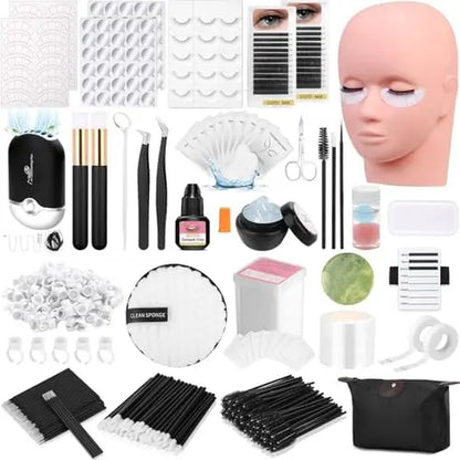 Lashes Kit for Eyelash Extension Beginner Lash Tech Starter Kit with Eye Lash Mannequin , Professional Eyelash Extension Kit with Lash Fan, Extension Glue and Eyelash Remover for Practice