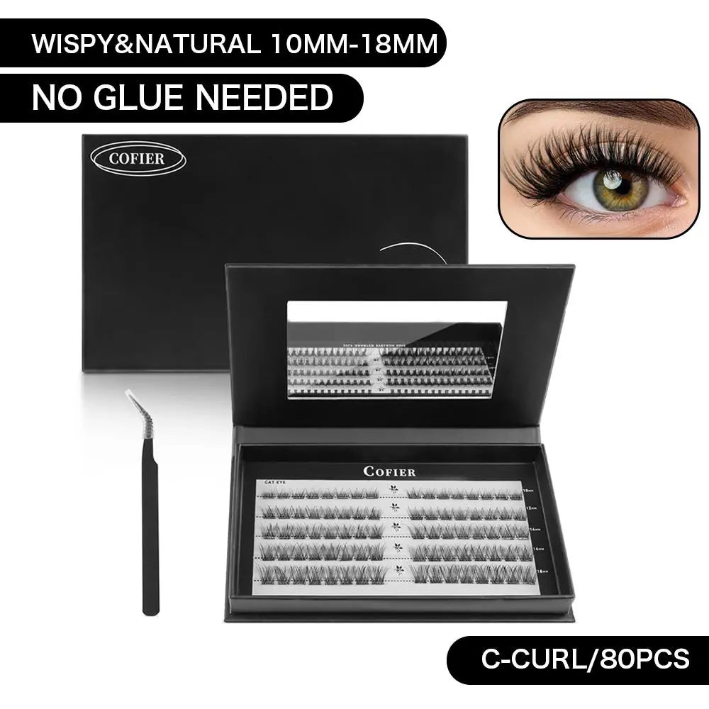 Cofier No Glue DIY Lash Kit Lash Lift Kit at Home Press on Lash Self-Adhesive Eyelash Kit Individual Lashes Beginner Friendly with Tweezers 80/90/120 Pcs Cosmetic Makeup Bottom Lash Clusters