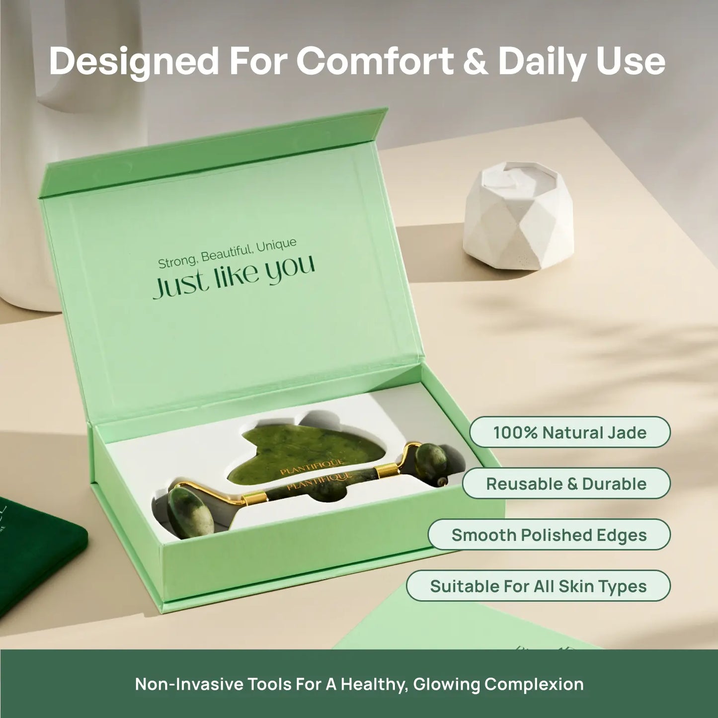 [PLANTIFIQUE Official Shop] Jade Roller and Gua Sha Facial Set – Face Roller & Gua Sha Tool for Jawline Sculpting, Puffiness & Lymphatic Drainage – Real Jade Skincare Tools