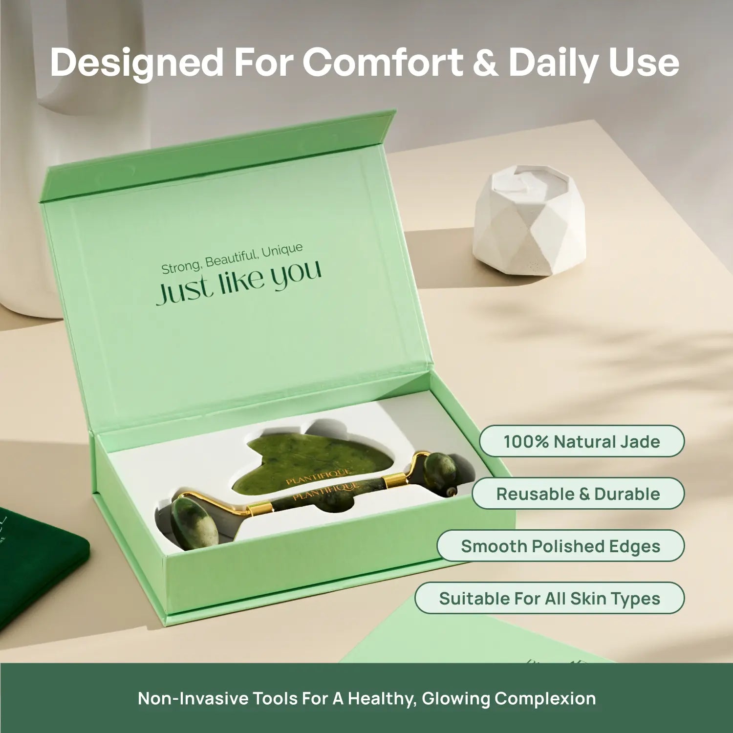 [PLANTIFIQUE Official Shop] Jade Roller and Gua Sha Facial Set – Face Roller & Gua Sha Tool for Jawline Sculpting, Puffiness & Lymphatic Drainage – Real Jade Skincare Tools