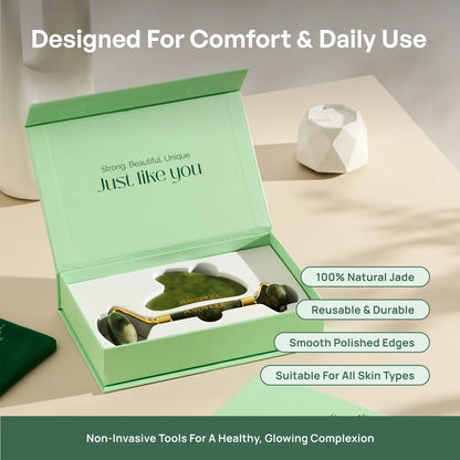 [PLANTIFIQUE Official Shop] Jade Roller and Gua Sha Facial Set – Face Roller & Gua Sha Tool for Jawline Sculpting, Puffiness & Lymphatic Drainage – Real Jade Skincare Tools