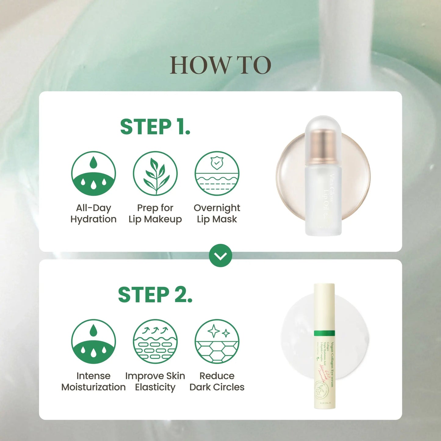 AXIS-Y Lip & Eye Set - Vegan Collagen Eye Serum + Vita Glow Lip Oil Dreamy Olive for Daily Korean Skin Care Routine for Eyes & Lips