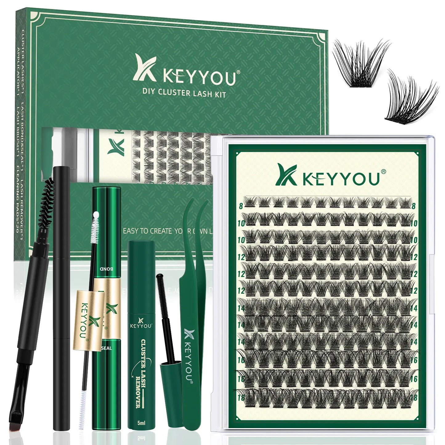 DIY Lash Extension Kit KEYYOU 144Pcs Lash Clusters Eyelash Extension Kit with Mascara Brush Bond and Seal Lash Glue Remover Lash Applicators Lash Brush DIY Cluster Lashes for DIY Lash Extensions (Y03 Kit)