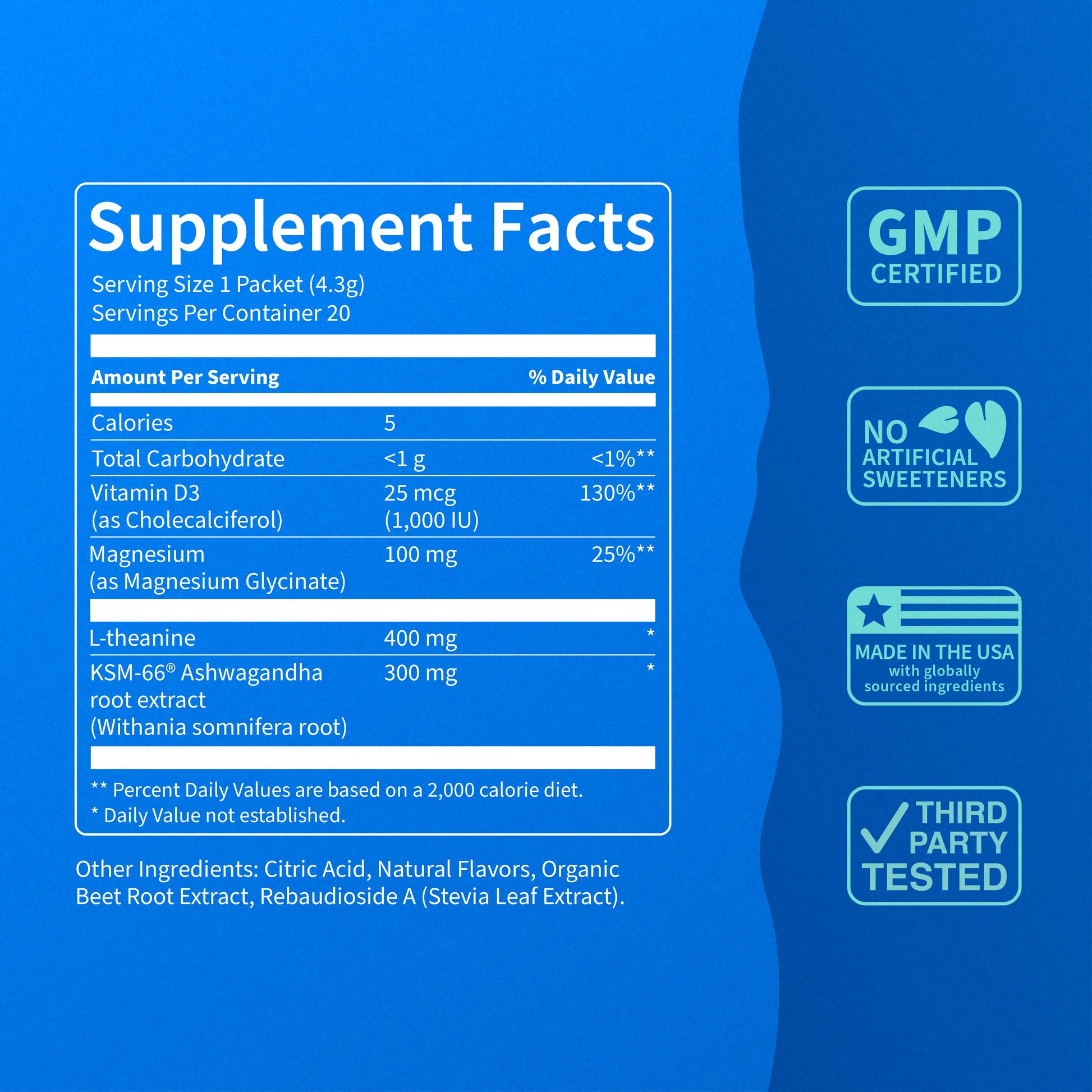 Nello Supercalm Calming Drink Mix with KSM-66 Ashwagandha Vitamin D3 Magnesium & L-Theanine Supports Cortisol Balance Mood Sleep 20 Servings Travel Packets Dietary Supplement