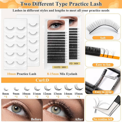 Lashes Kit for Eyelash Extension Beginner Lash Tech Starter Kit with Eye Lash Mannequin , Professional Eyelash Extension Kit with Lash Fan, Extension Glue and Eyelash Remover for Practice