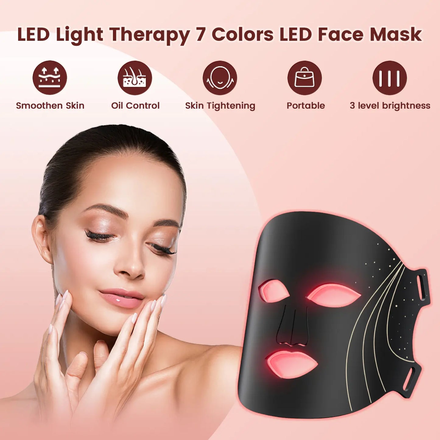 SHMHE LED Face Mask Light Therapy, 7 Color Red Light Therapy for Face, 96*3=288 Led Beads, Rechargeable, Ideal Gift Skincare Silicone Radiant