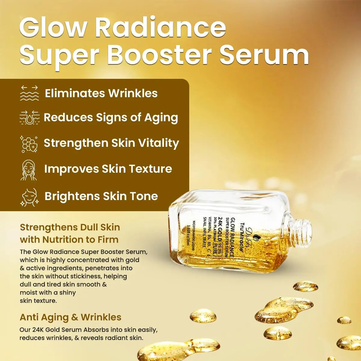 24K Gold Serum for Face with Platinum, Skin Repair Anti-Aging Hydrating, Tightening Firming, Plumping, Lifting Serum Enriched with Retinol, Vitamin B3 C E & Snail Mucin for Boosting Collagen Production, Facial Serum Hydrate Moisturizer Skincare Comfort